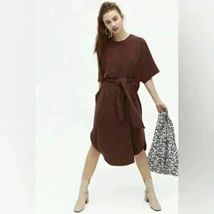 Monki super-soft kaftan dress rust/ orange color belted midi comfy Size L summer